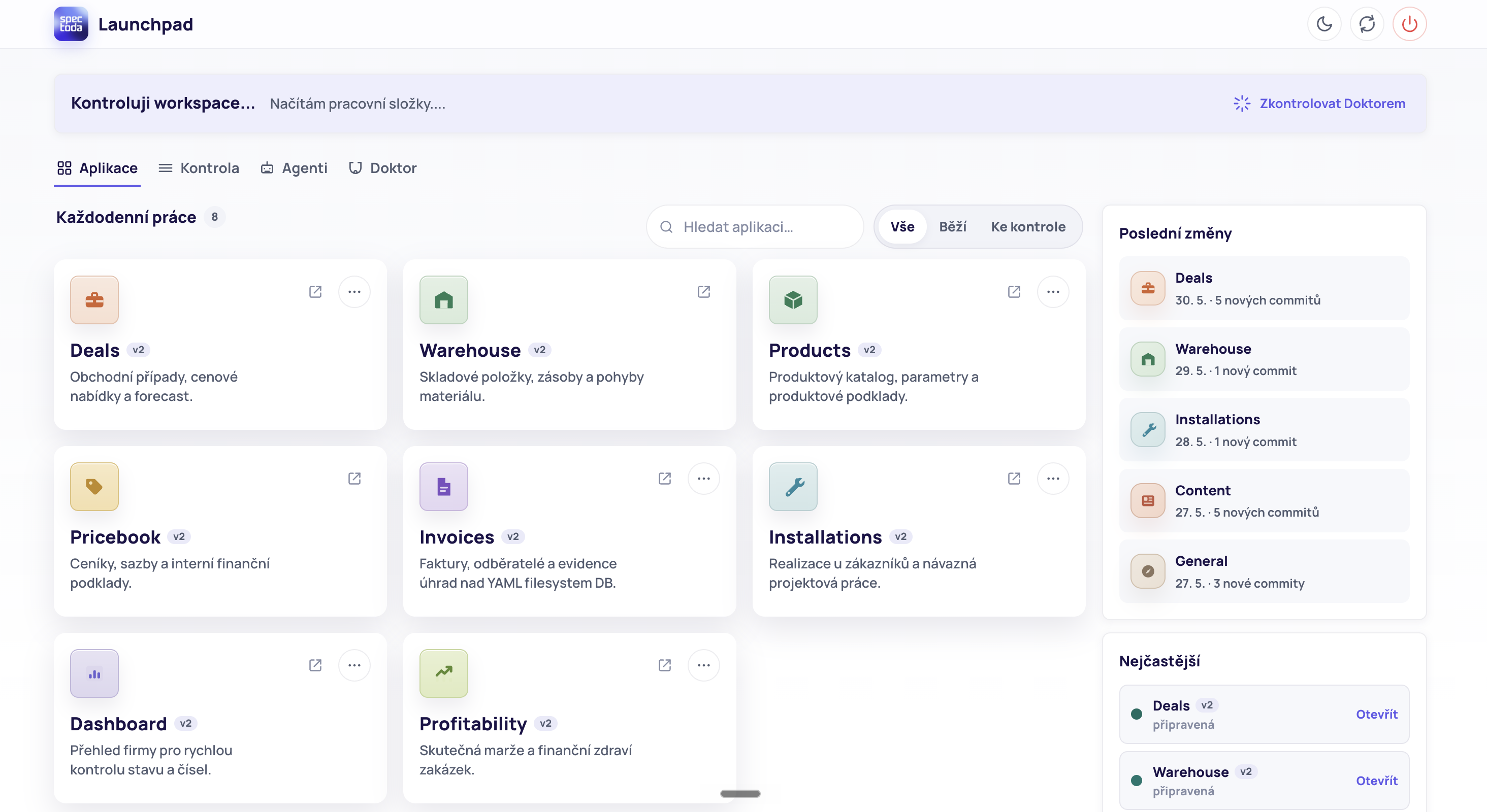 Okno Launchpadu — rozcestník s moduly firmy a přehledem posledních změn